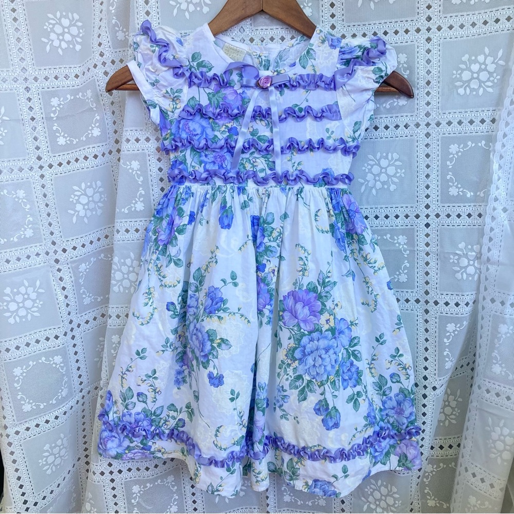 Jenny Annie dots vintage purple floral short sleeve dress size 6 with ribbon